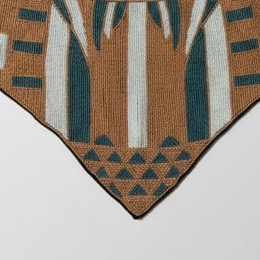 Rare! Beaded Geometric Scarf Neck‎ Scarf Tan Blue White Accent Button Closure